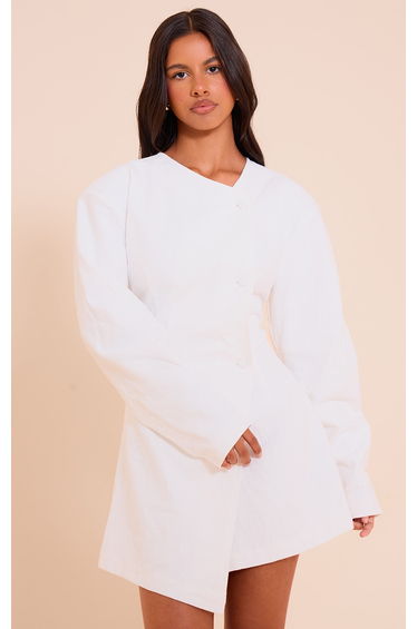 Petite White Premium Linen Look Cinched Waist Cocoon Sleeve Mini Dress