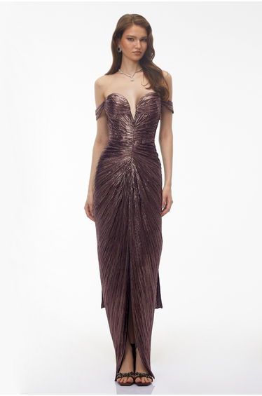 Pérola Bronze Gold Metallic Off Shoulder Maxi Dress