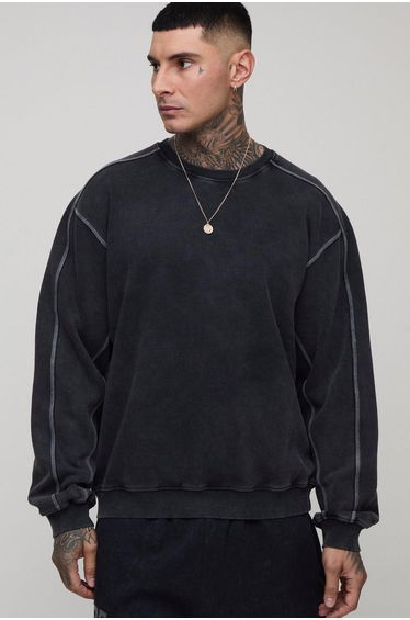 Tall Oversized Boxy Acid Wash Contrast Stitch Sweater - black