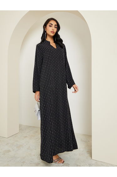 Women Crystal Embellished Jalabiya with Stand Collar