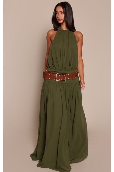 Petite Olive Wrap Waist Ruched Chiffon Flowy Maxi Dress