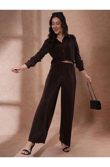 Textured Striped Buttoned Crop Shirt with Elasticated Waist Trousers Co-Ords