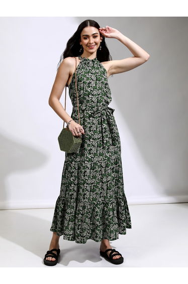 All-Over Floral Print Halter Neck A-Line Maxi Dress