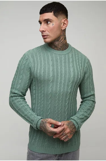 كنزة بحبكة كابل لون أخضر - لطويل القامة