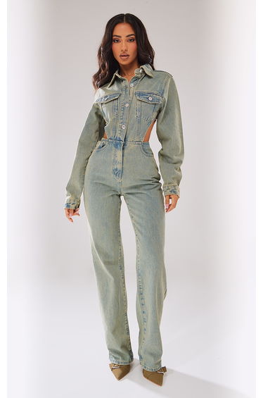 Petite Vintage Wash Denim Cut Out Jumpsuit
