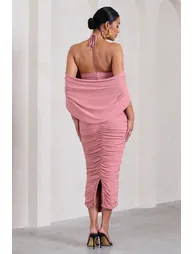 Daisy | Blush Pink Ruched Flower Halter-Neck Drape-Sleeve Maternity Dress - 2
