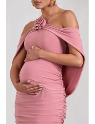 Daisy | Blush Pink Ruched Flower Halter-Neck Drape-Sleeve Maternity Dress - 3