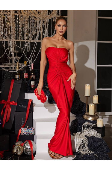 Allaire Strapless Ruched Satin Maxi Dress