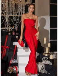 Allaire Strapless Ruched Satin Maxi Dress