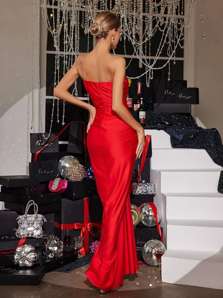 Allaire Strapless Ruched Satin Maxi Dress - 5