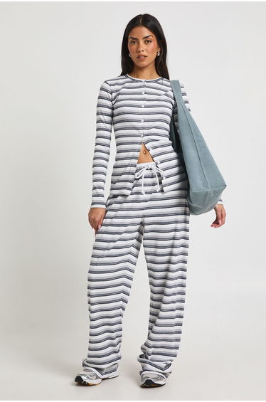 Stripe Rib Button Through Long Sleeve Top & Trouser Co Ord - grey marl