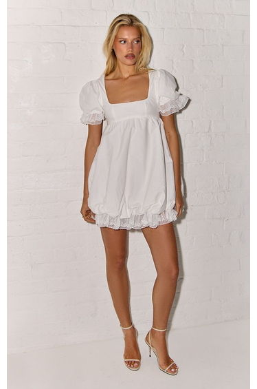 White Cotton Lace Detail Short Sleeve Puffball Dress