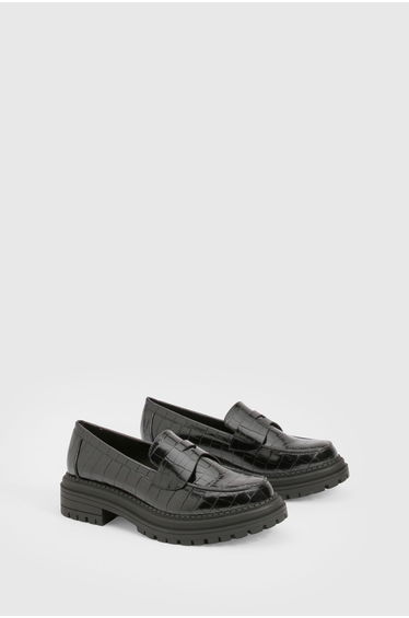 Chunky Croc Strap Detail Loafers - black