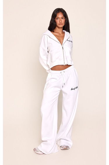 White Beverly Hills Embroidered Wide Leg Joggers