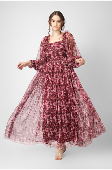 Lana Burgundy Printed Tulle Dress product thumbnail 3