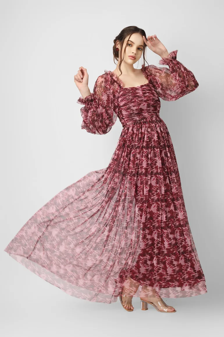 chiffon long sleeve maxi dress Leila Charming Long Sleeves Slit Chiffon Dresses, Burnt Orange