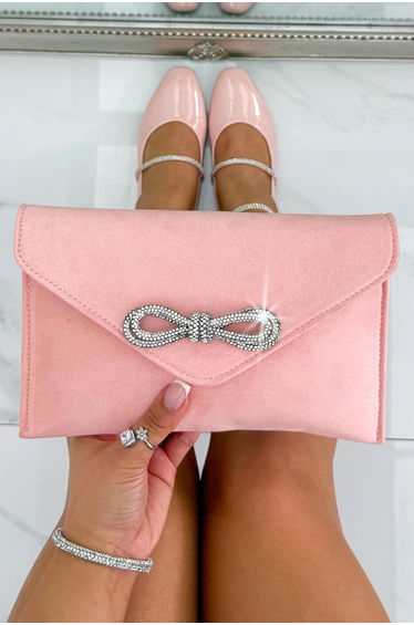 Lemonade Crystal Bow Embellished Faux Suede Clutch Bag Baby Pink