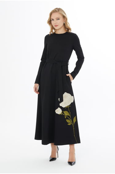 Embroidered and Beaded Belted Dress in Black