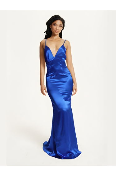 Blue Satin Plunge Maxi Dress