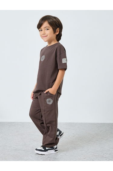 Boys Brown Printed Cotton T-Shirt and Joggers Set