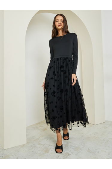 Black Flocked Mesh A-Line Maxi Dress