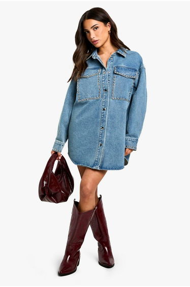 Petite Stud Detail Denim Oversized Shirt Dress - blue