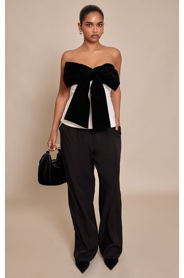 Petite Black Velour Contrast Bow Bandeau Top