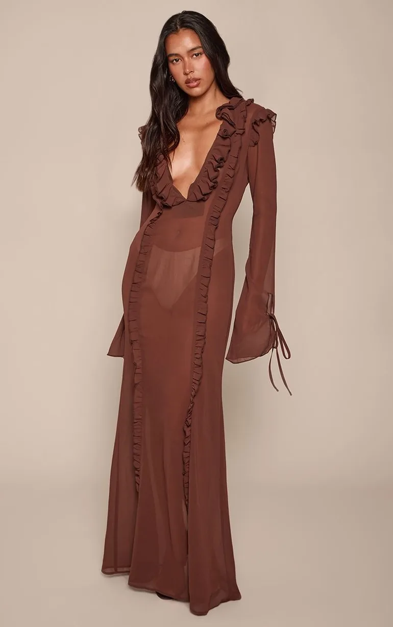chocolate brown chiffon dress Alex Chiffon Maxi Dress / Cacao Brown | MESHKI