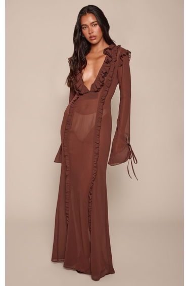 Chocolate Chiffon Long Sleeve Ruffle Detail Maxi Dress