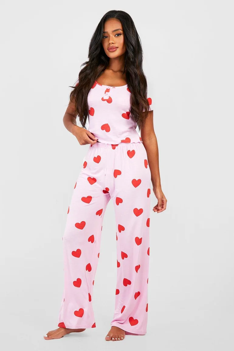 Valentine's Heart Print Button Front Pjs - pink
