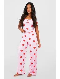 Valentine's Heart Print Button Front Pjs - pink