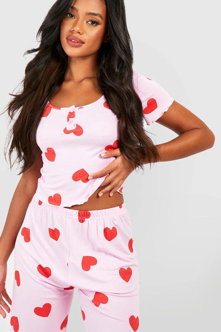 Valentine's Heart Print Button Front Pjs - pink - 2