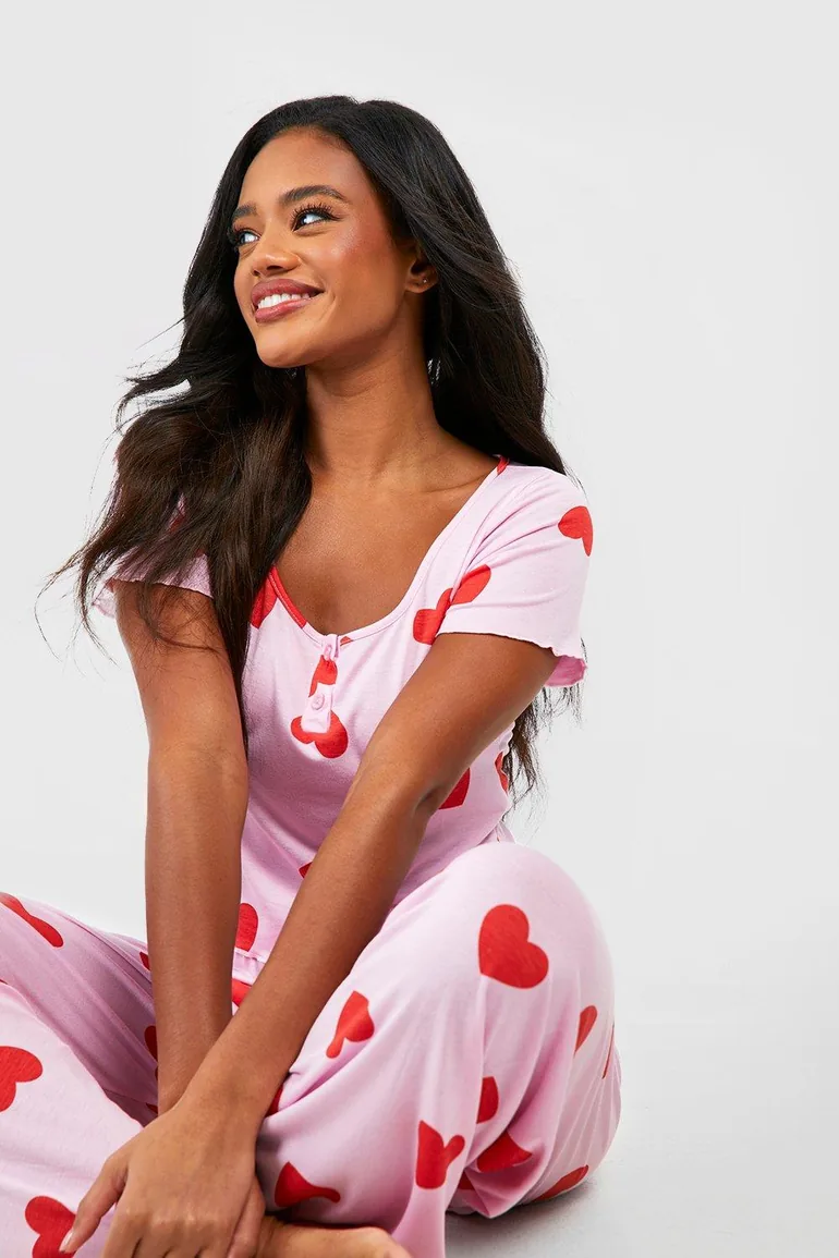 Valentine's Heart Print Button Front Pjs - pink - 3