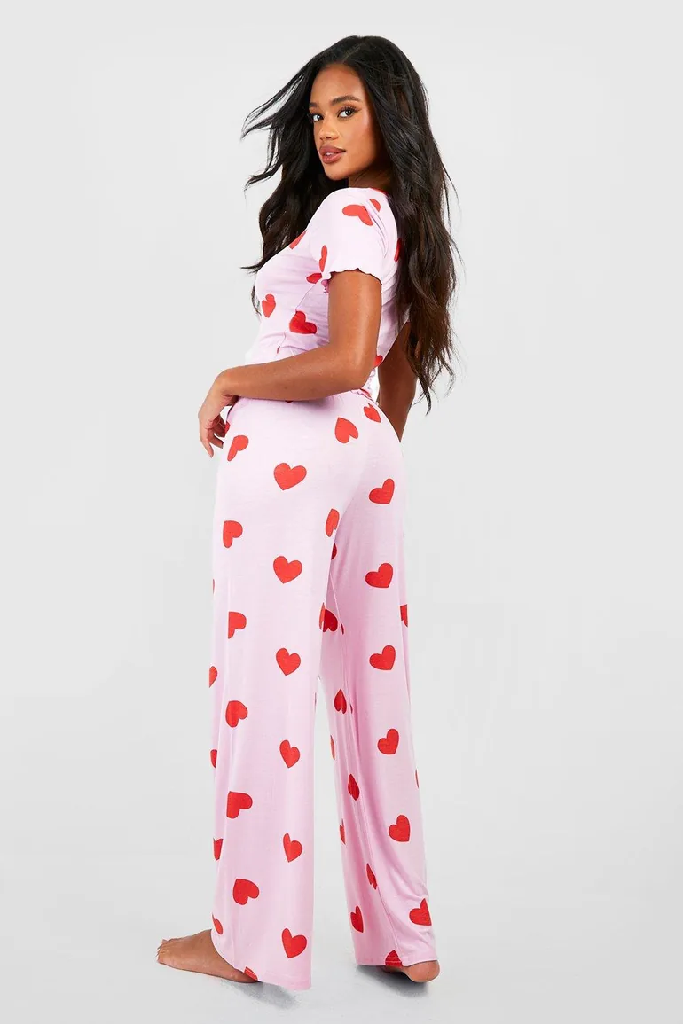 Valentine's Heart Print Button Front Pjs - pink - 1