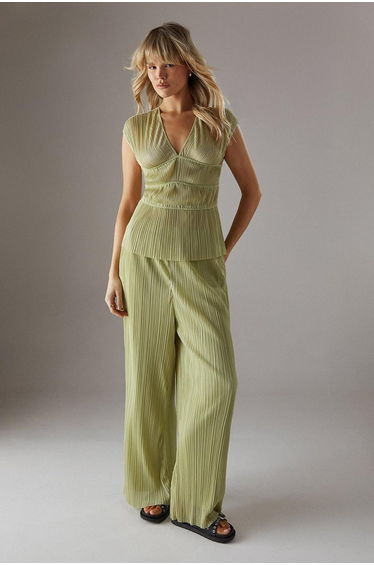 Plisse High Waisted Wide Leg Trousers