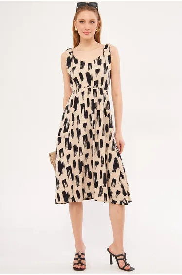 فستان بقماشة لينن متعدد الالوان بقصة A