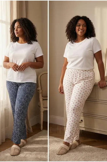 Navy Blue-White 2-Piece Floral Cotton Stretch Fabric Single Jersey Knitted Pajama Bottoms