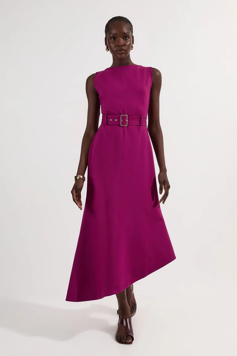 karen millen asymmetric belted dress Karen Millen Compact Stretch Asymmetric Collar Belted Full Skirted Tailored Midi Dress in Pink