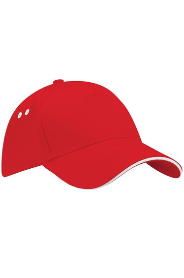 Beechfield Unisex Ultimate 5 Panel Contrast Baseball Cap With Sandwich Peak / Headwear (Pack of 2) - Classic Red/White