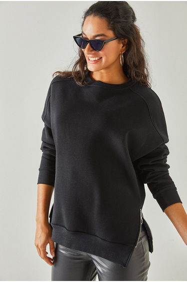 Women's Black Zipper Detail Inside Fleece Thick Sweatshirt