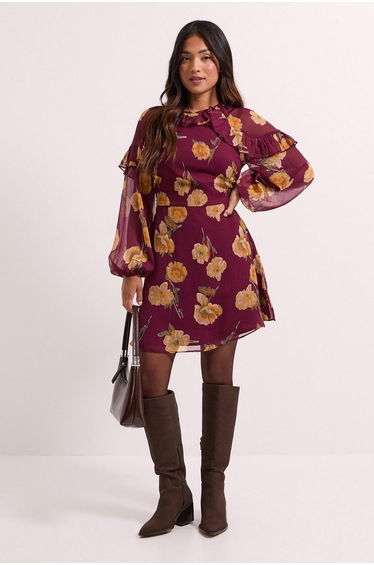 Petite Brown Frill Detail Blouson Sleeve Mini Dress