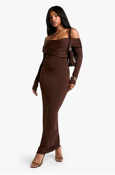 Soft Touch Twist Bardot Maxi Dress - chocolate
