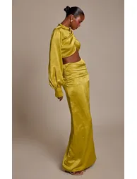 Chartreuse Jacquard Satin Wrap Detail Maxi Skirt - 1