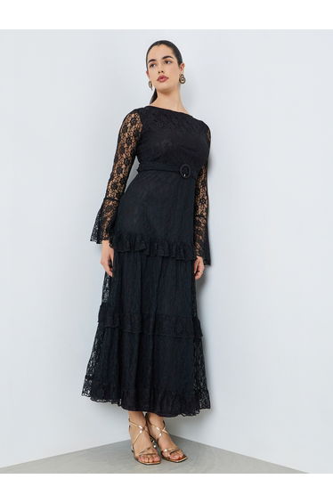 Women Black All-Lace Ruffle Detail Maxi Dress