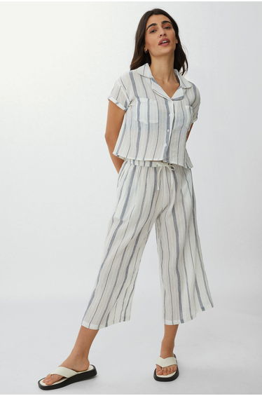 Textured Stripe Tie Front Shirt - mocha