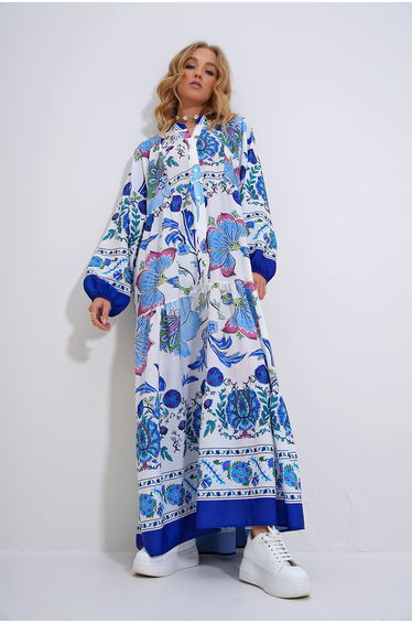 Women's White-Blue High Collar Shawl Patterned Maxi Length Dress product thumbnail 4