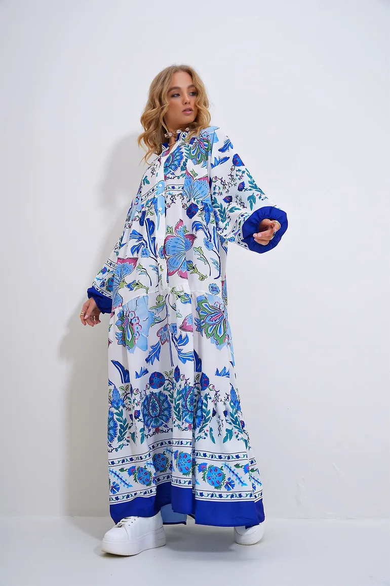 Women's White-Blue High Collar Shawl Patterned Maxi Length Dress - 4
