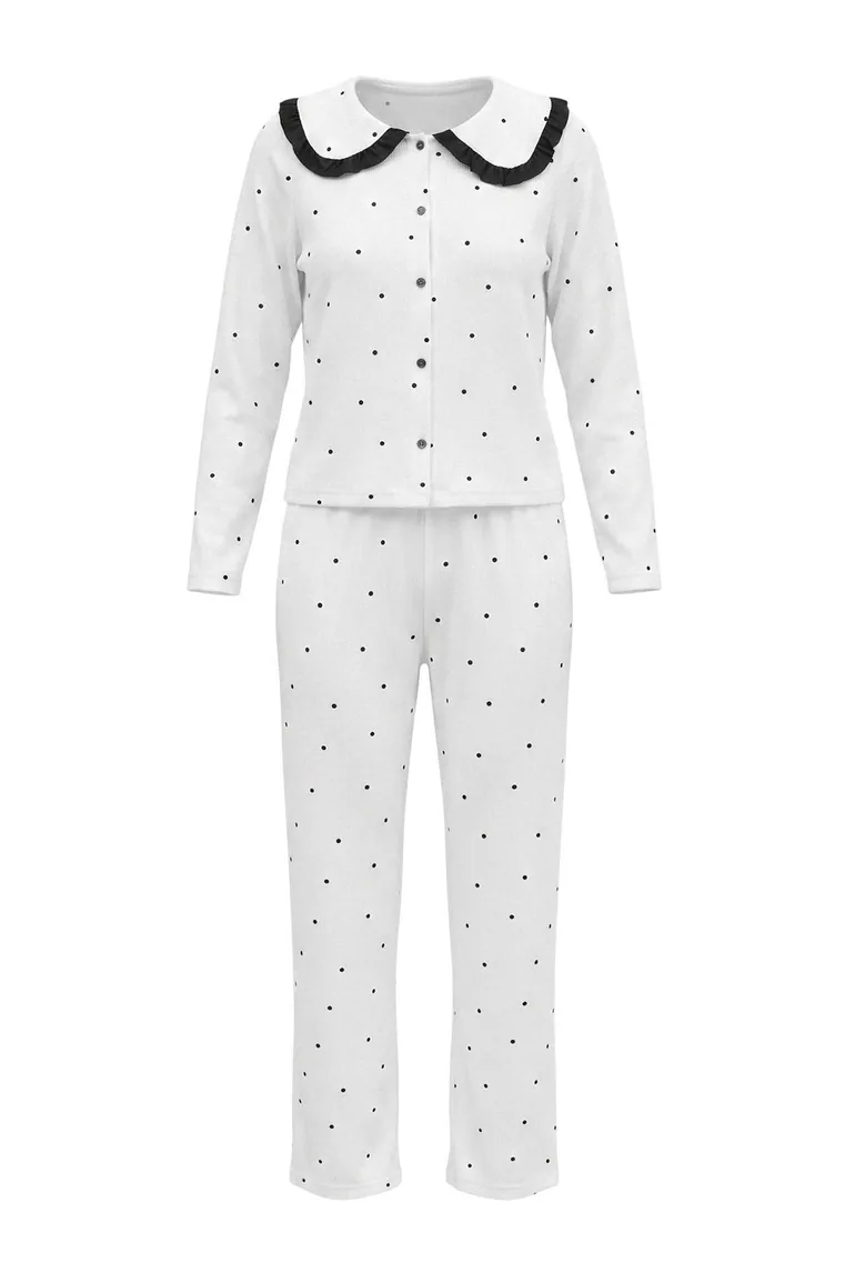 White Polka Dot Ruffle Waffle Knitted Pajama Set - 5