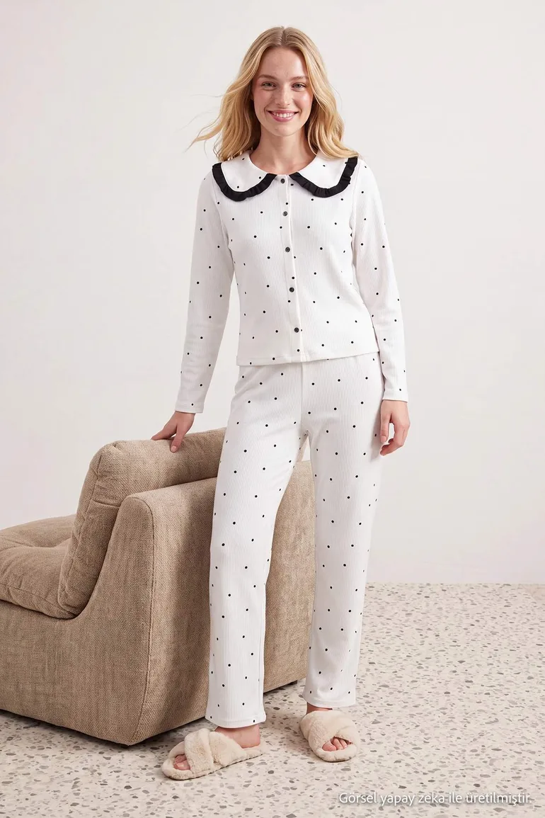 White Polka Dot Ruffle Waffle Knitted Pajama Set - 2