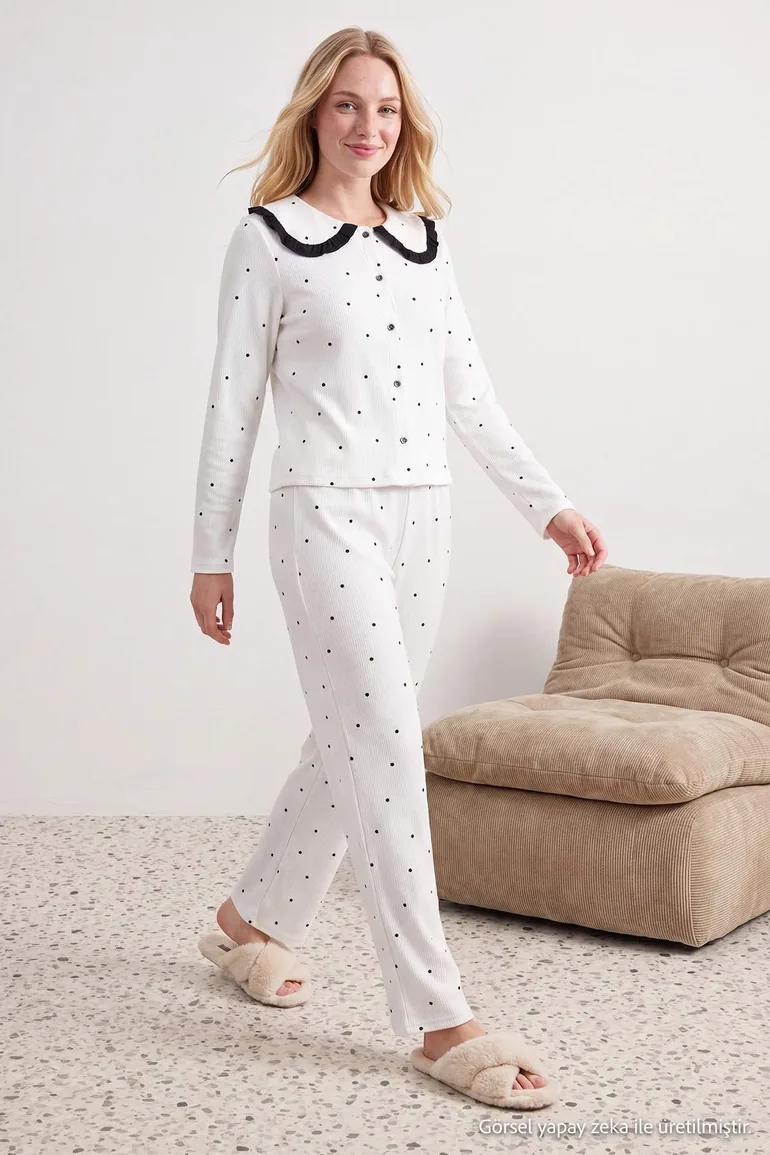White Polka Dot Ruffle Waffle Knitted Pajama Set - 1